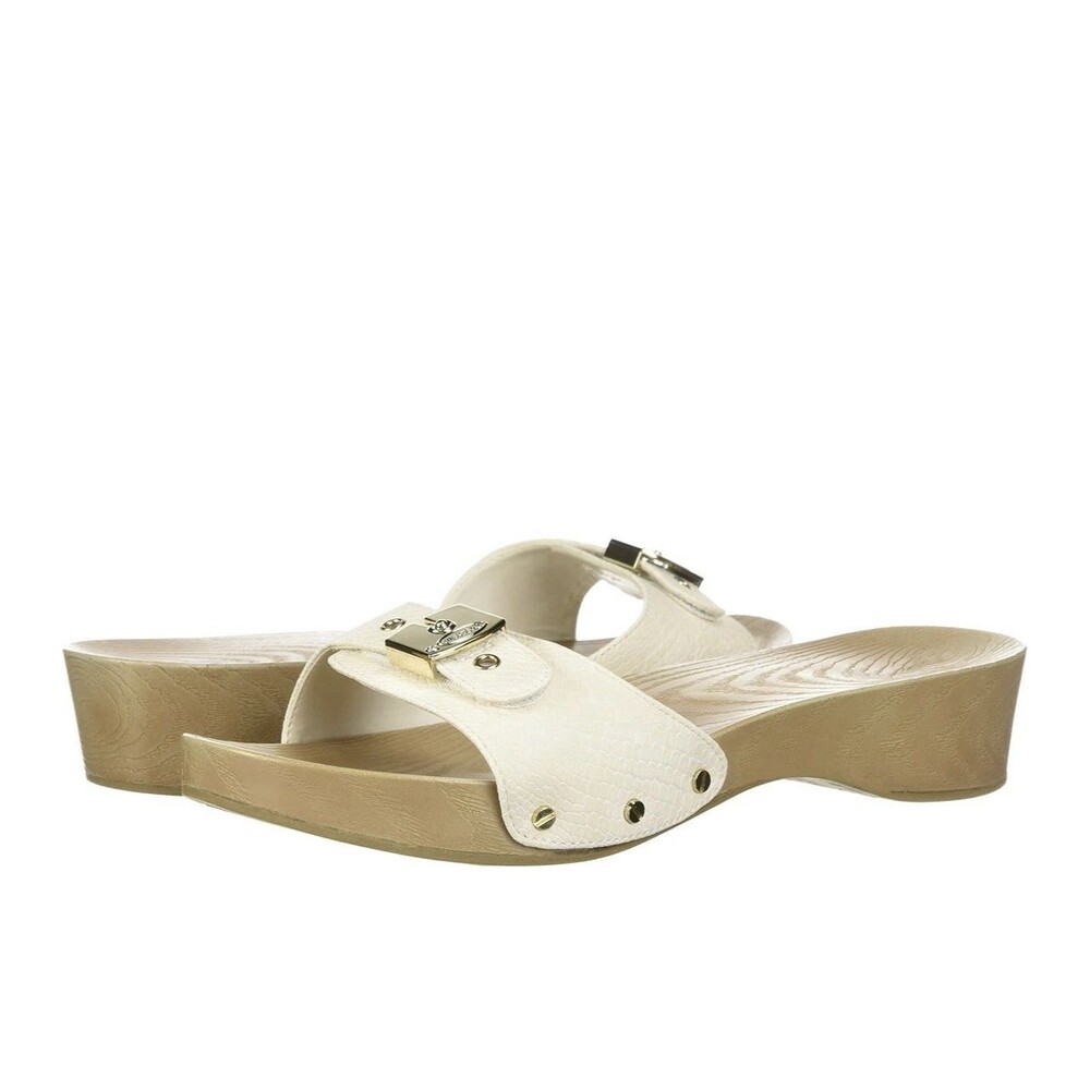Dr. Scholl’s Faux Wood Bottom Leather Slide Sandals Textured White EUC Size 7